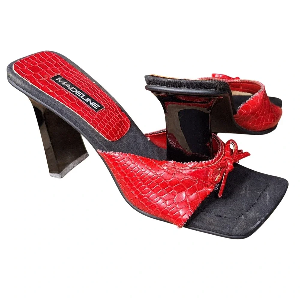 Madeline Womens Red Croc Embossed Square Toe Bow Slide Sandals Flared Heel Y2K